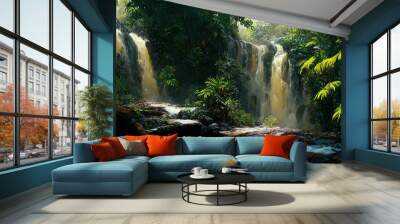 illustration of a waterfall in jungle in long time shot Wall mural