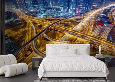 aerial view of big highway interchange with traffic in dubai, uae, at night. scenic cityscape. color Wall mural