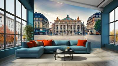 French Opera in Paris, France.  Scenic skyline against sunset sky. Travel background. Wall mural