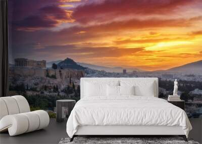 Panorama view on Acropolis in Athens, Greece, at sunrise. Scenic travel background with dramatic sky. Wall mural