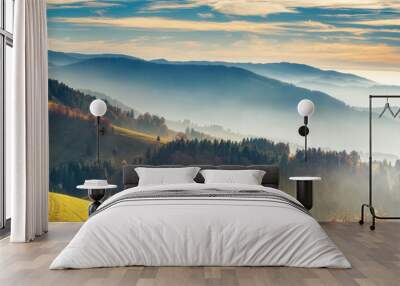 Scenic mountain landscape. View on the Black Forest, Germany, covered in fog. Colorful travel background. Wall mural