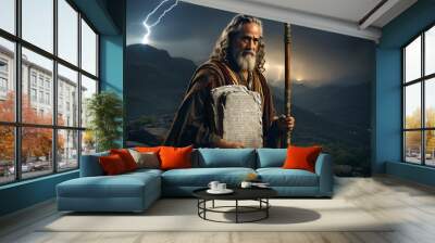 moses holding the ten commandments stone tablet. religious biblical theme concept. Wall mural