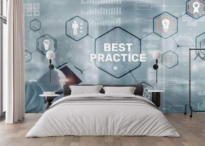 Best Practice concept with hand pressing icons. Businessman touching finger inscription. Wall mural