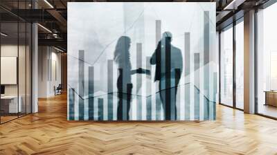 Black financial graphs on modern double exposure city background. Wall mural