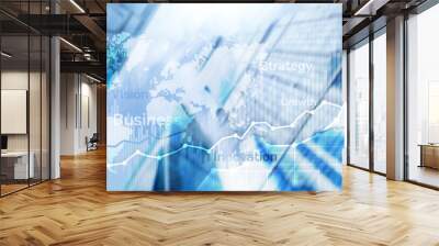 Business abstract background double exposure graph, chart and diagram. World wide map and. Global business and financial trading concept. Wall mural