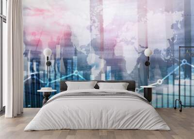 Business finance growth graph chart analysing diagram trading and forex exchange concept double exposure mixed media background website header. Wall mural