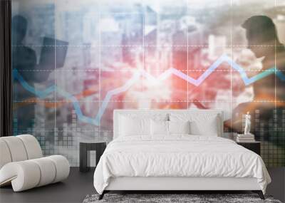 Business Financial Trading Investment concept graph virtual screen double exposure. Wall mural