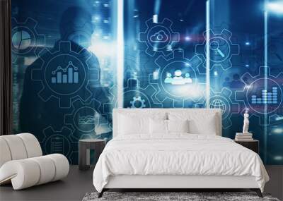 Business process abstract diagram with gears and icons. Workflow and automation technology concept. Wall mural