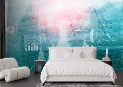 Business process abstract diagram with gears and icons. Workflow and automation technology concept Wall mural