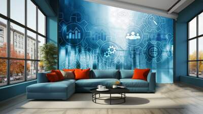 Business process abstract diagram with gears and icons. Workflow and automation technology concept Wall mural