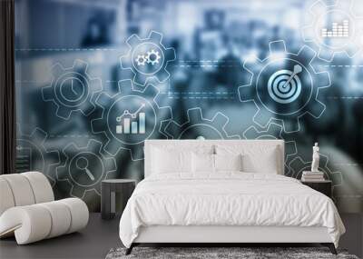 Business process automation concept. Gears and icons on abstract background Wall mural