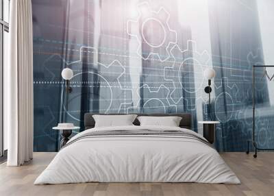 Business technology internet concept double exposure gears abstract background. Wall mural