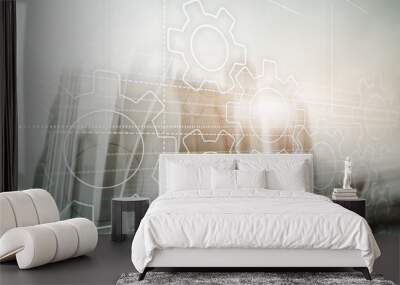 Business technology internet concept double exposure gears abstract background Wall mural