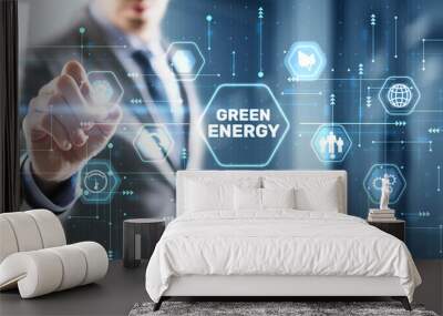 Businessman clicks Green eco energy icons. Reducing environmental risks Wall mural