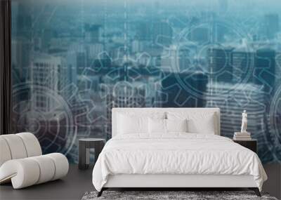 Cityscape cogwheels. Gears interface concept. Web banner. Wall mural