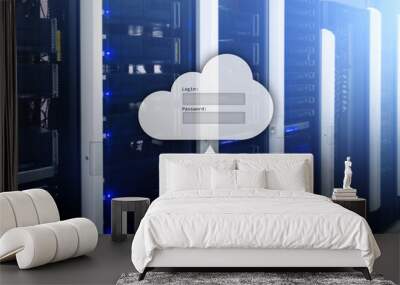 Cloud storage, data access, login and password request window on server room background. Internet and technology concept. Wall mural