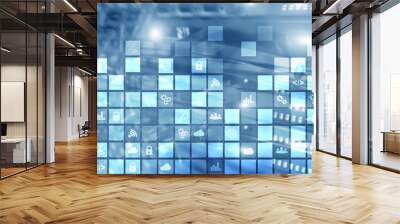 Digital abstract background pixelated icons blurred modern server room. Technology telecommunication Iot internet of thing concept Wall mural