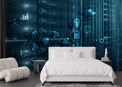 Digital concept internet of things information and telecommunication technology. Double exposure icons and server room background Wall mural