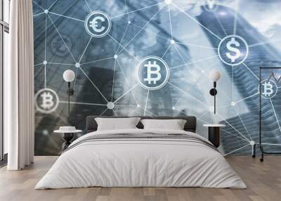 Double exposure Bitcoin and blockchain concept. Digital economy and currency trading. Wall mural