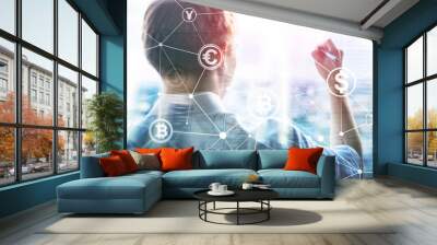 Double exposure Bitcoin and blockchain concept. Digital economy and currency trading. Wall mural