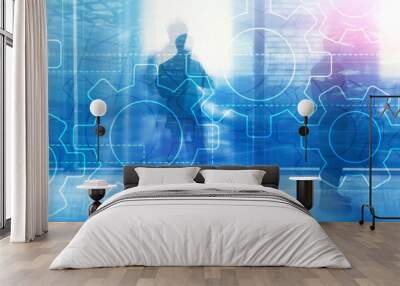 Double exposure gears mechanism on blurred background. Business and industrial process automation concept. Wall mural