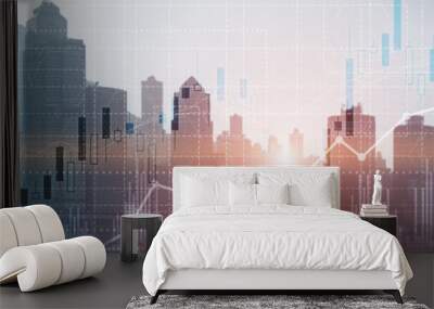 Financial concept investment graph chart diagram double exposure city view skyline. Wall mural