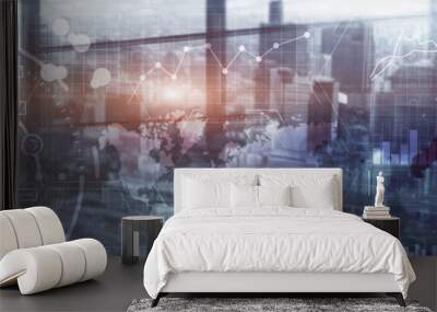 Financial dashboard with business intelligence. Background silhouettes and city. Wall mural