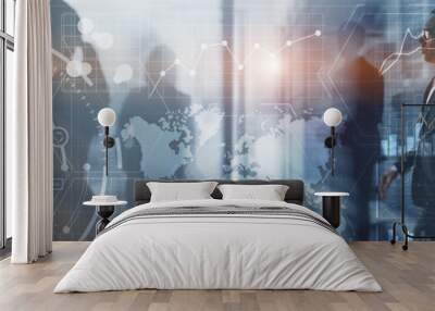 Financial dashboard with business intelligence. Background silhouettes and city. Wall mural