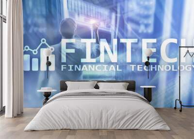 FINTECH - Financial technology, global business and information Internet communication technology. Skyscrapers background. Hi-tech business concept. Wall mural