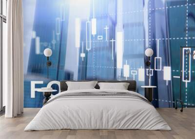 Forex trading, financial candle chart and graphs on blurred business center background. Wall mural