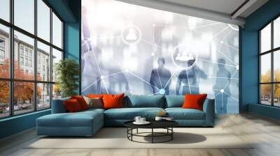 HR - Human resources management and recruitment concept. Double exposure people network structure Wall mural