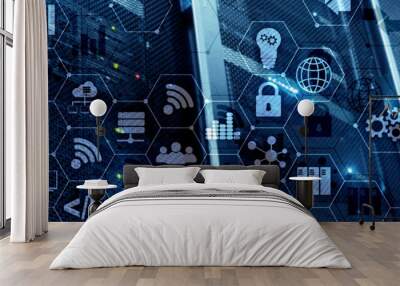 ICT - information and telecommunication technology and IOT - internet of things concepts. Diagrams with icons on server room backgrounds. Wall mural