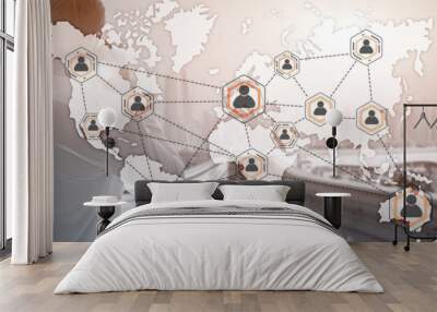 Social network with connected people 3D icons on map. Background for presentations. Wall mural