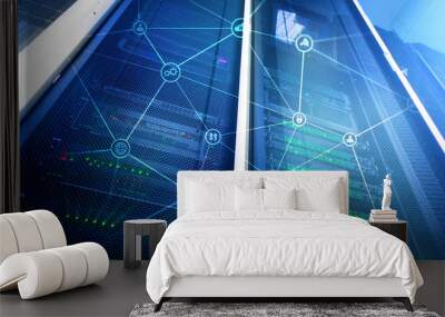 Telecommunication concept with abstract network structure and server room background.? Wall mural