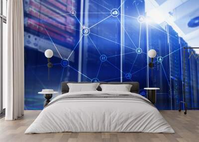 Telecommunication concept with abstract network structure and server room background.? Wall mural