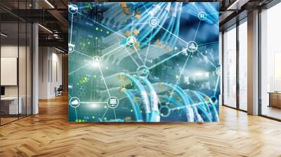 Telecommunication concept with abstract network structure and server room background. Wall mural