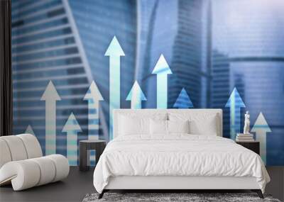 Up arrow graph on skyscraper background. Invesment and financial growth concept. Wall mural