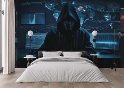 Mysterious Anonymous Hooded Figure with Digital Background Lights Wall mural