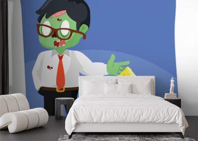 zombie businessman throw banana peel in trash can Wall mural