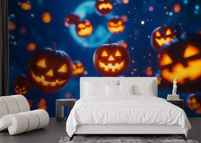 2024 Halloween party background banner. Pumpkins hanging isolated on dark blue sky and moon background. Copy paste area for text and brand. Wall mural