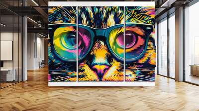 3 panel wall art, Wow pop art cat face. Cat with colorful glasses pop art background. Pop art poster usable for interior design. Wall mural