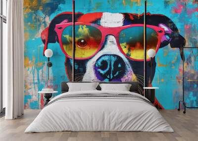 3 panel wall art, Wow pop art Dog face. Dog with colorful glasses pop art background. Pop art poster usable for interior design. Wall mural