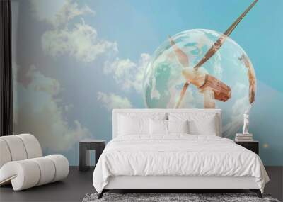 Earth Day concept. Double exposure planet earth and wind turbine. Save the world. Green energy. Alternative energy.
 Wall mural