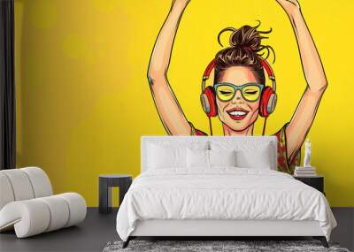 Pop art and business concept. Pop art woman with raised hands sitting in front of laptop with eyeglasses on isolated colorful background comic style. Employee who receives positive news about the job. Wall mural