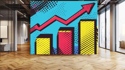 Pop art business concept. Graph showing uptrend stocks in the stock market. Colorful glasses pop art background.  Wall mural