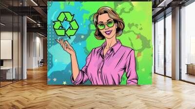 Pop art business concept. The manager shows the company's recycling policy. Manager touches recycle sign. Wall mural