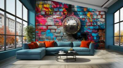 Pop art comic street graffiti with a disco ball on a brick wall. Creative poster. Music party background.  Wall mural