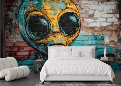 Pop art comic street graffiti with a retro alien in on a brick wall. Wall mural