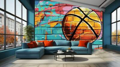 Pop art comic street graffiti with basketball on brick wall. Retro poster concept. Basketball tournament background Wall mural