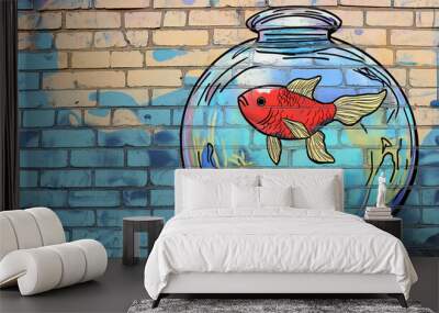 Pop art comic street graffiti with fish in a fishbowl on brick wall. Wall mural